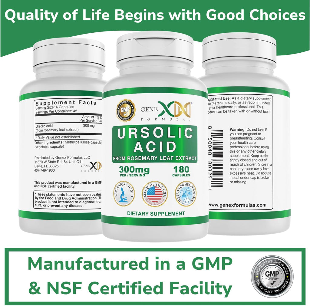 Genex Formulas Ácido Ursólico 300mg (180 Cápsulas) – Extracto de Romero, No-GMO, Sin Gluten, Vegetariano