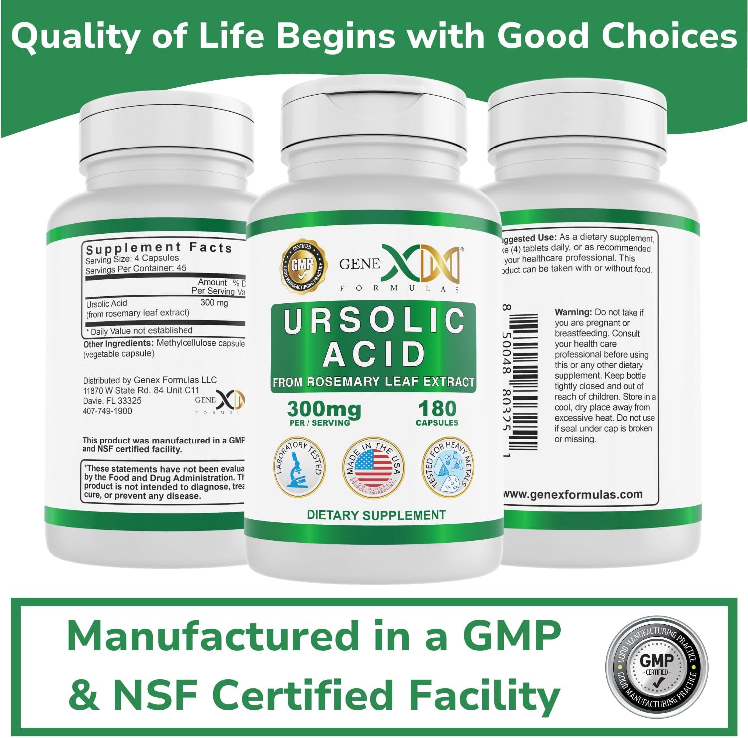 Genex Formulas Ácido Ursólico 300mg (180 Cápsulas) – Extracto de Romero, No-GMO, Sin Gluten, Vegetariano