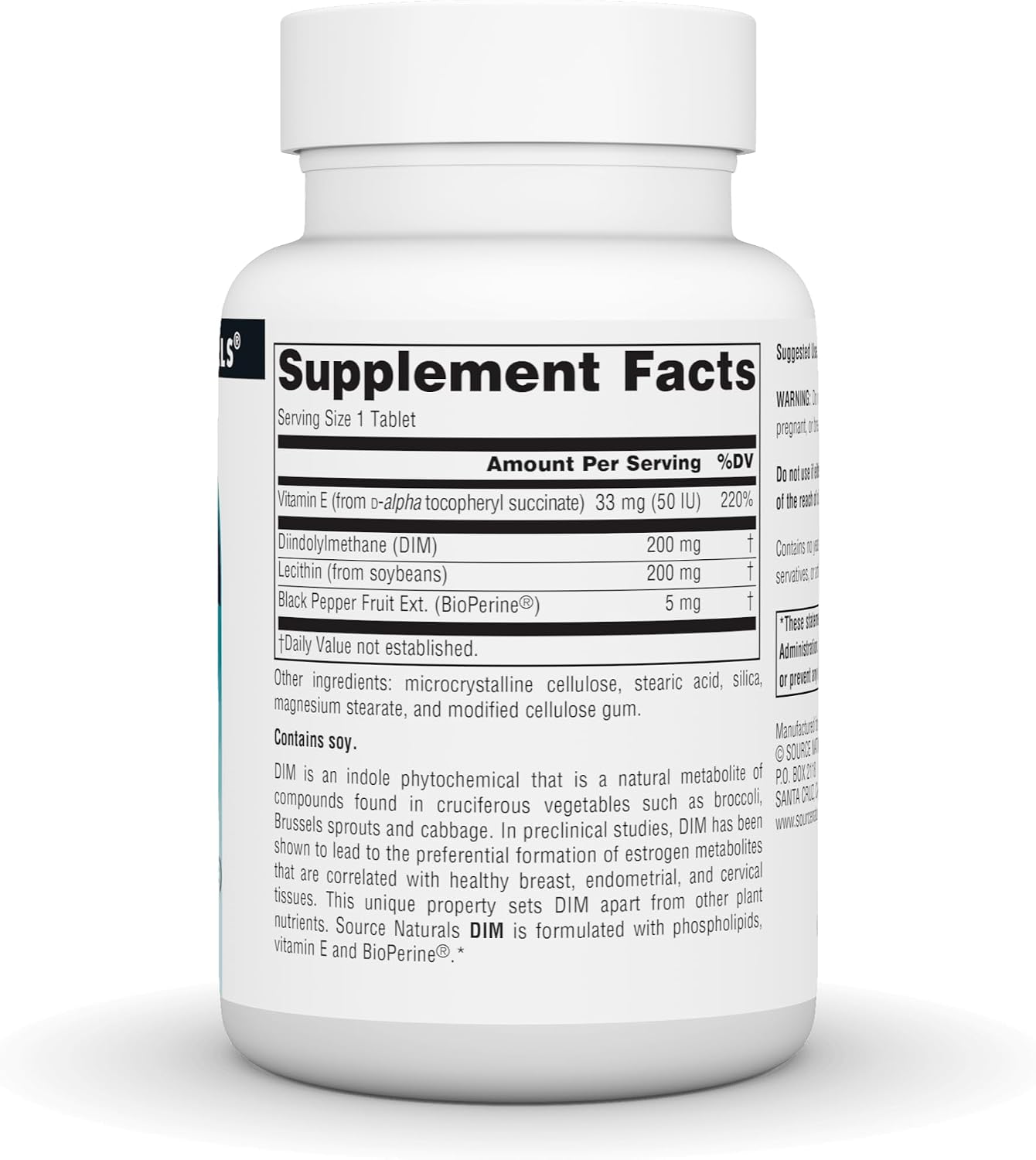 Source Naturals DIM, Diindolylmethane 200mg with BioPerine, Vitamin E & More - 30 Tablets