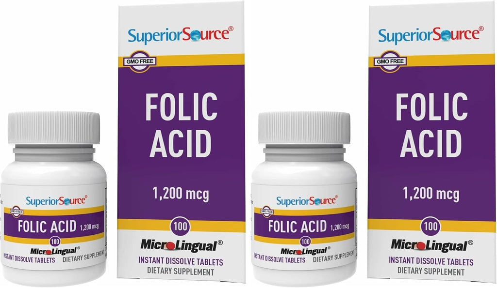 Superior Source Folic Acid 1200 mcg - Supplement for Heart, Immune and Nervous System - 100 Sublingual Tablets