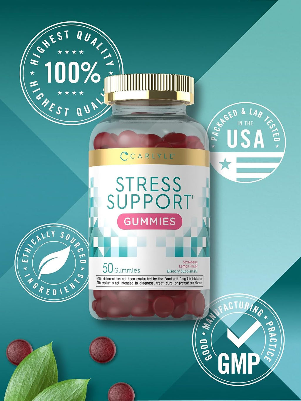 Carlyle Stress Support Gummies - 50 Gominolas con GABA y L-Teanina - Sabor Fresa y Limón - Sin Gluten y No GMO