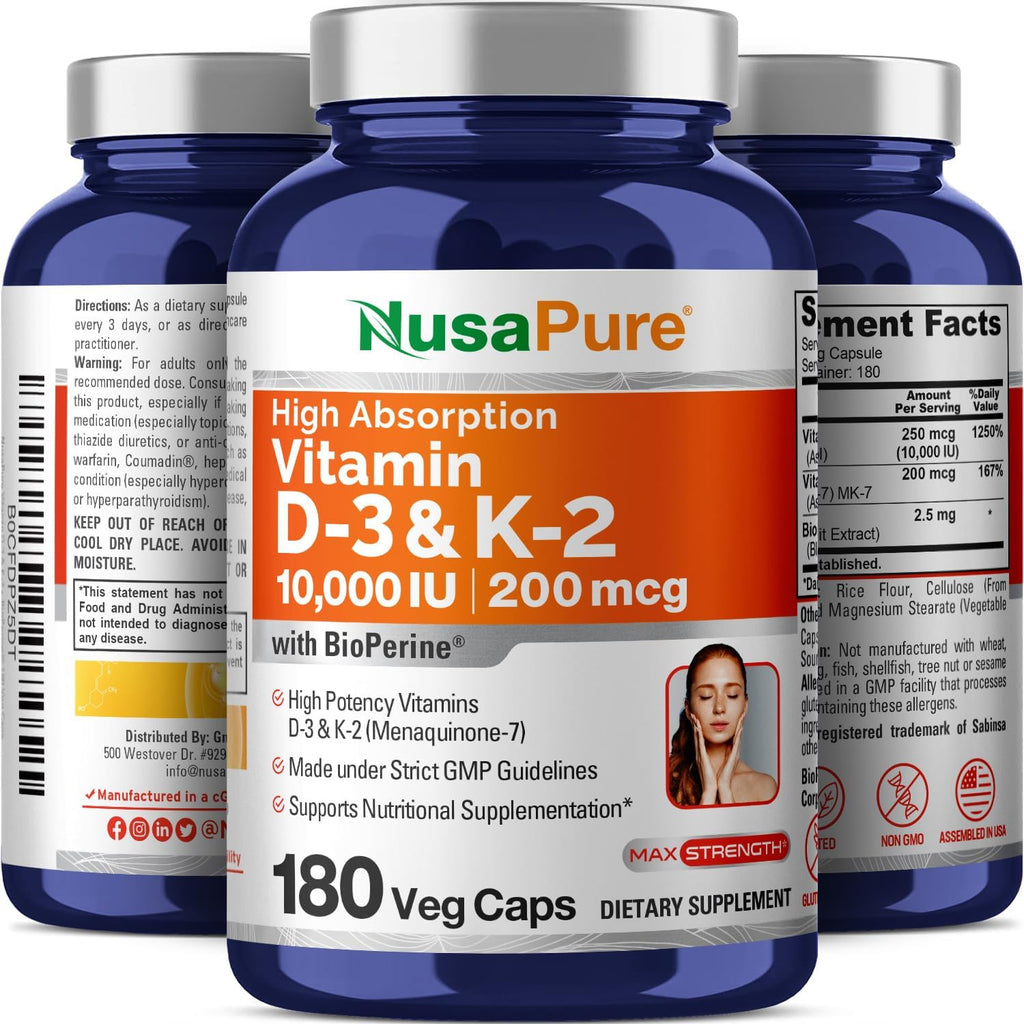 NusaPure 250 mg Vitamina D3 y 200 mcg K2 Cápsulas, 180 Cápsulas Vegetales (No GMO, Vegano)