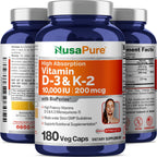 NusaPure 250 mg Vitamina D3 y 200 mcg K2 Cápsulas, 180 Cápsulas Vegetales (No GMO, Vegano)
