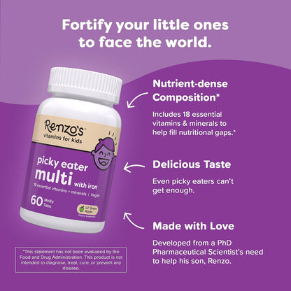 Renzo's Picky Eater Kids Multivitamin con – Hierro : contribuye a la función cognitiva normal y al desarrollo – Image 3