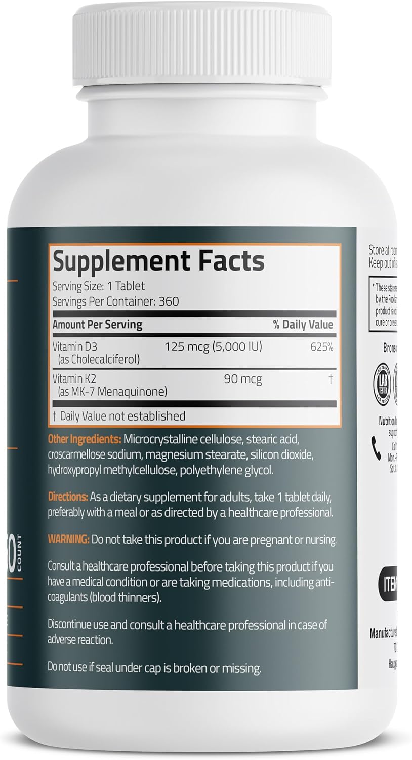 Bronson Vitamina K2 D3 (MK7) - 360 Comprimidos, D3 5000 UI (125 mcg) y K2 MK-7 90 mcg