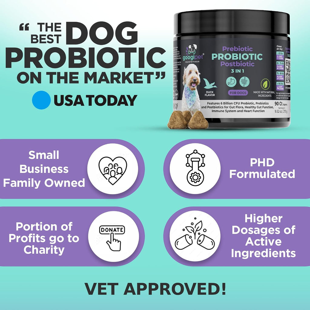 Googipet Probióticos para Perros Salud Digestiva - Prebióticos y Probióticos Masticables con Enzimas Digestivas - Sabor a Pato (6B UFC)