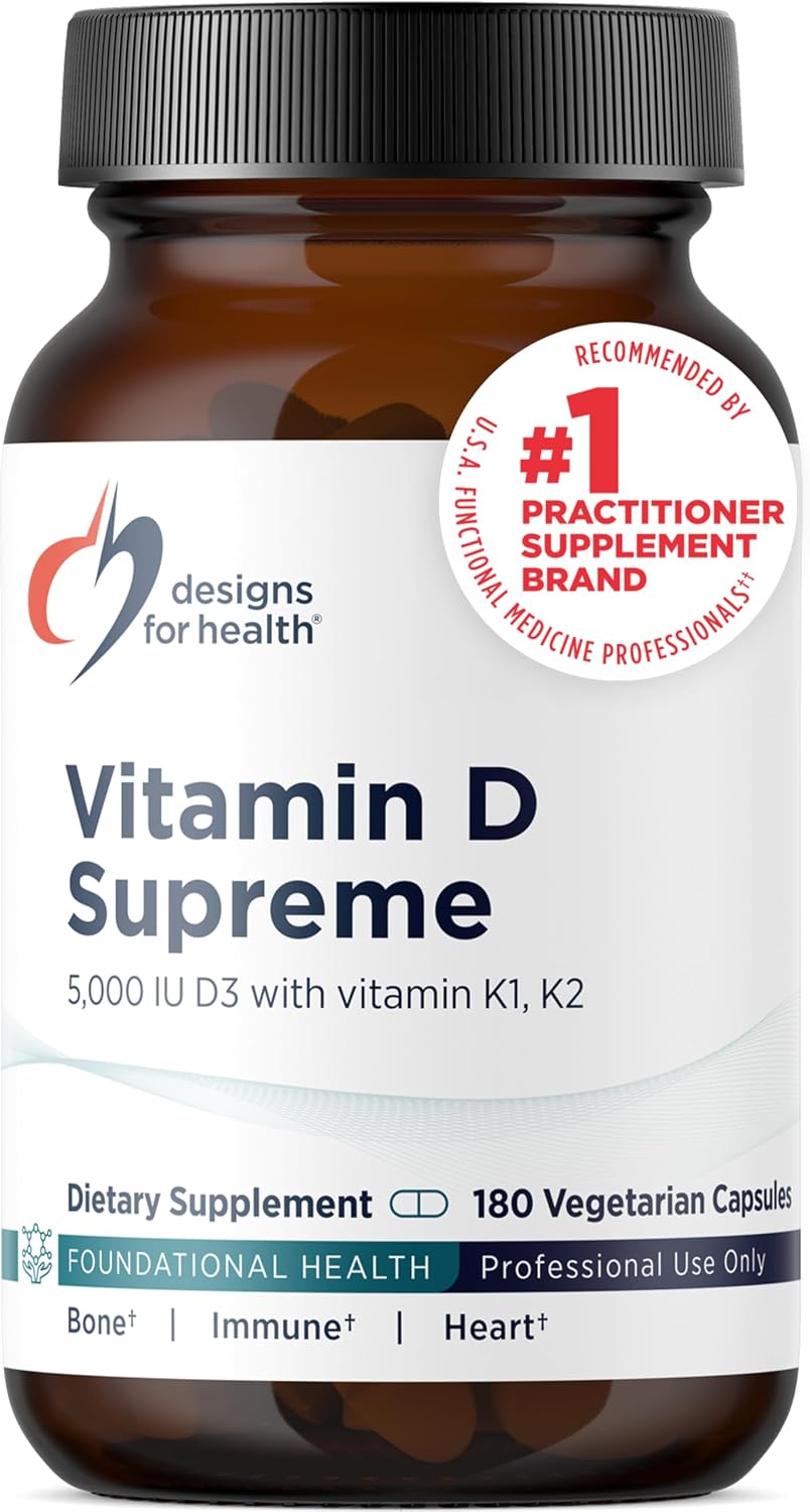 Designs for Health Vitamin D Supreme - Vitamina D3 5000 UI con 2000 mcg de Vitamina K MK-4 para Huesos y Corazón (180 Cápsulas)