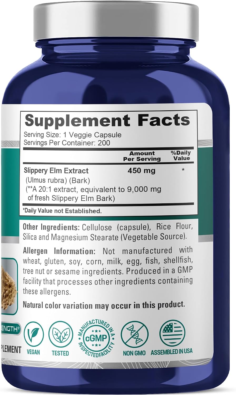 NusaPure Cápsulas de Corteza de Olmo Americano, 450 mg, 200 Cápsulas Vegetales (No OGM, Vegano)