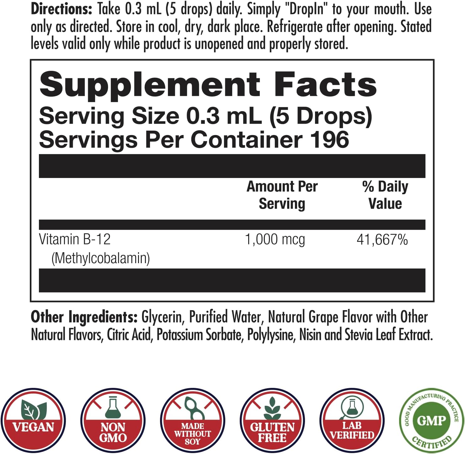 KAL B12 1000 mcg DropIns, Líquido de Vitamina B12 de Alta Absorción, Sabor Natural a Uva, 196 Dosis, 60 ml