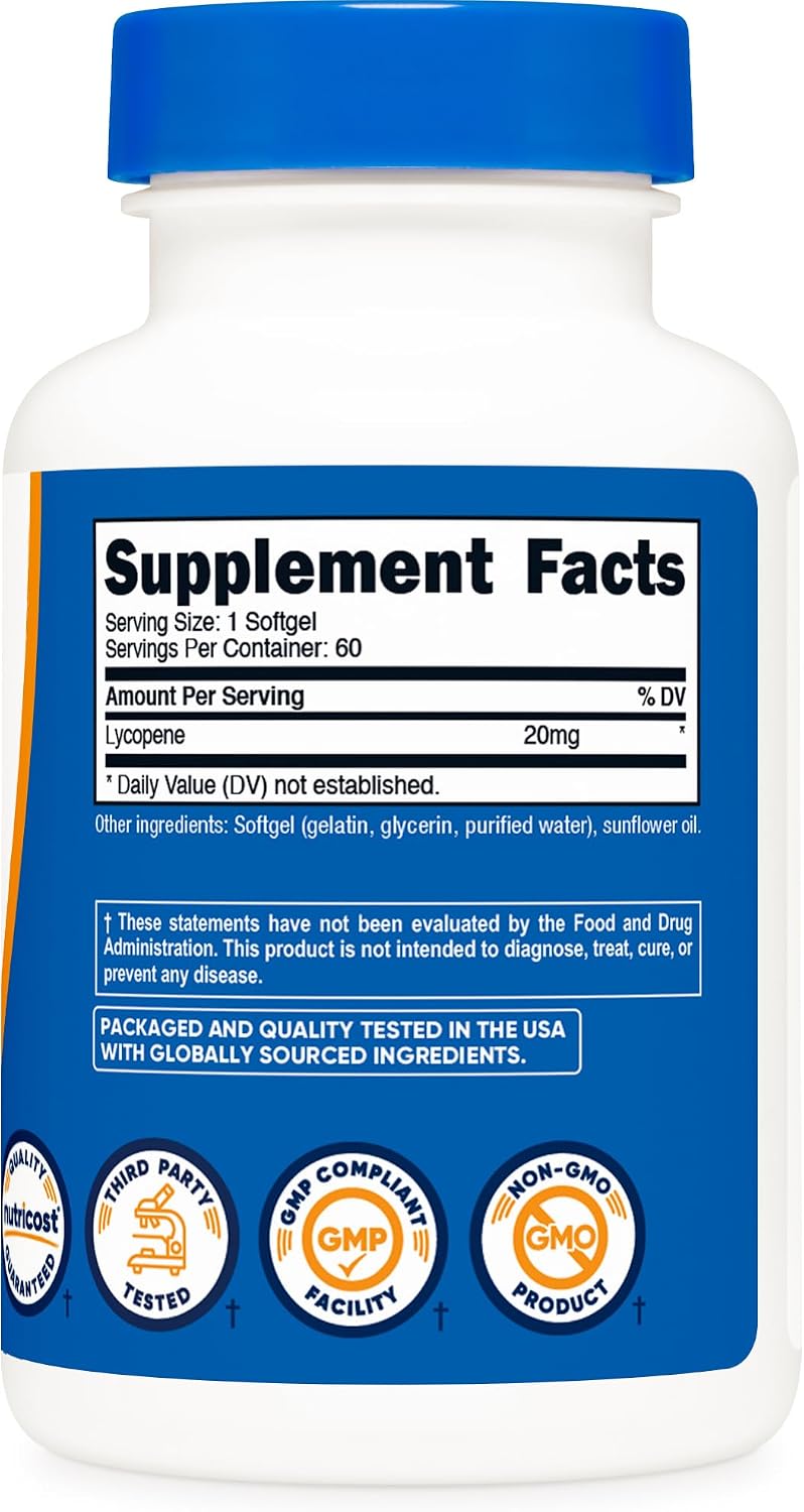 Nutricost Licopeno 20 mg - 60 Cápsulas Blandas - Sin Gluten, No GMO