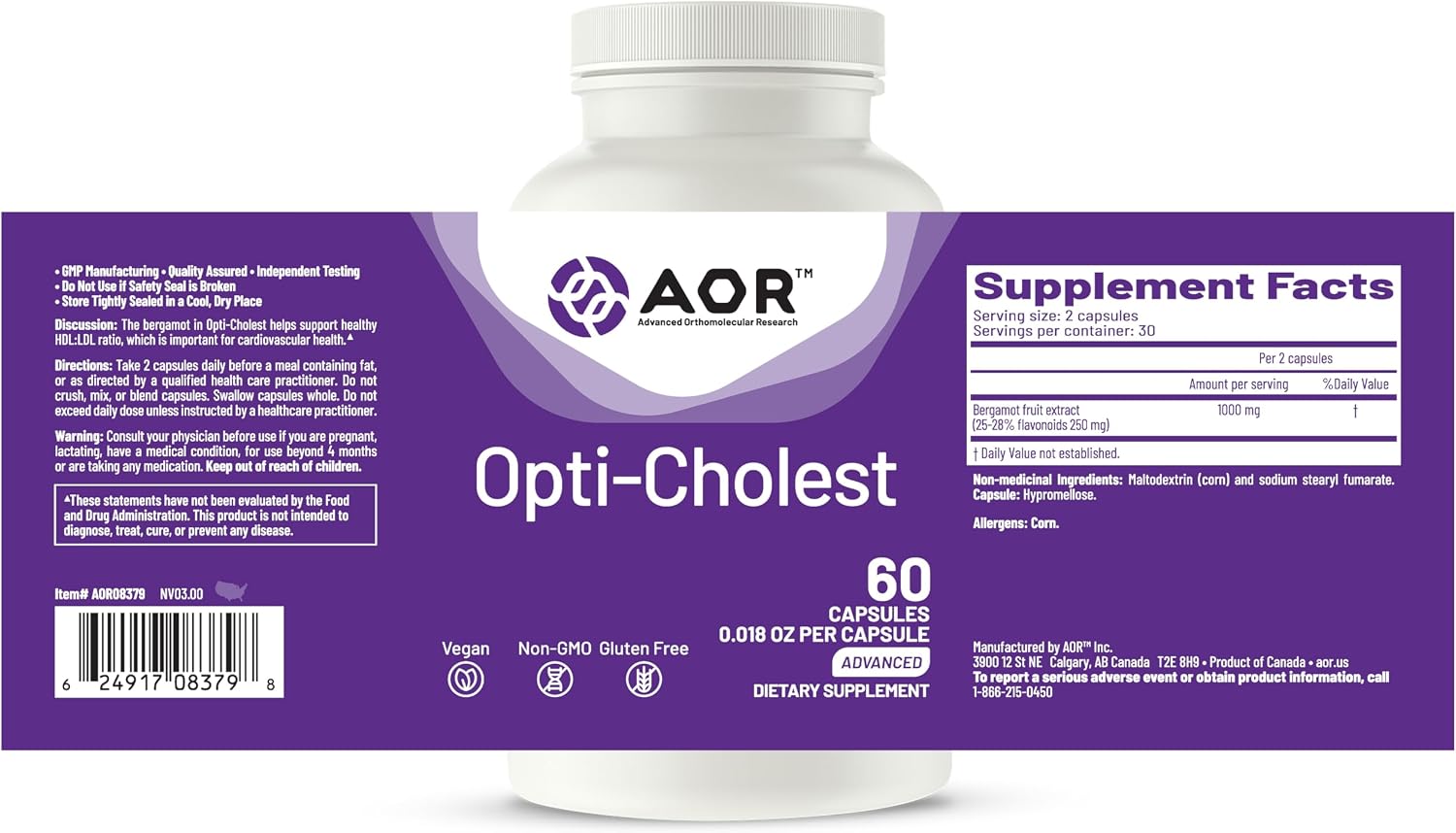 AOR Opti-Cholest Extracto de Bergamota 1000 mg – 60 Cápsulas Veganas – 30 Días