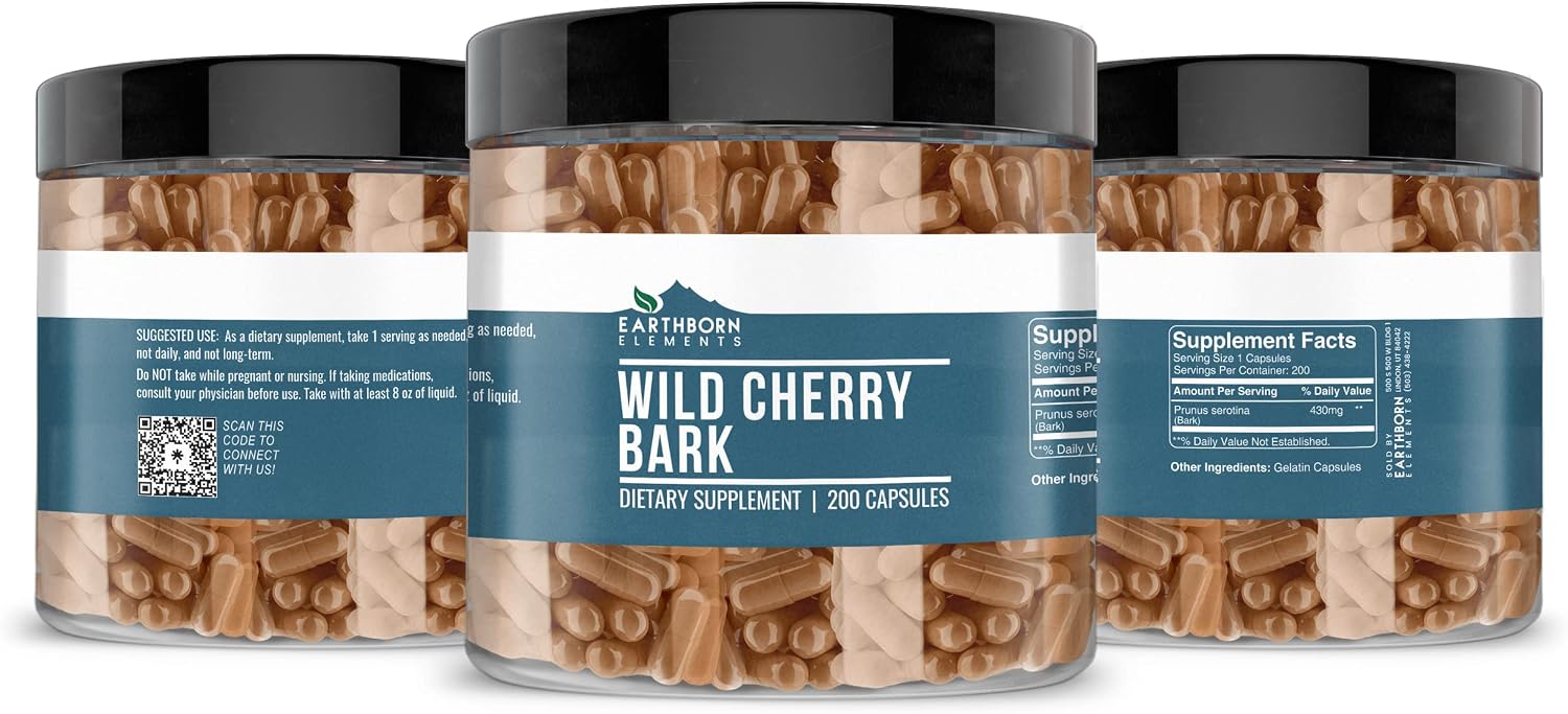 Earthborn Elements Wild Cherry Bark 200 Cápsulas, Puro y Sin Diluir, Sin Aditivos