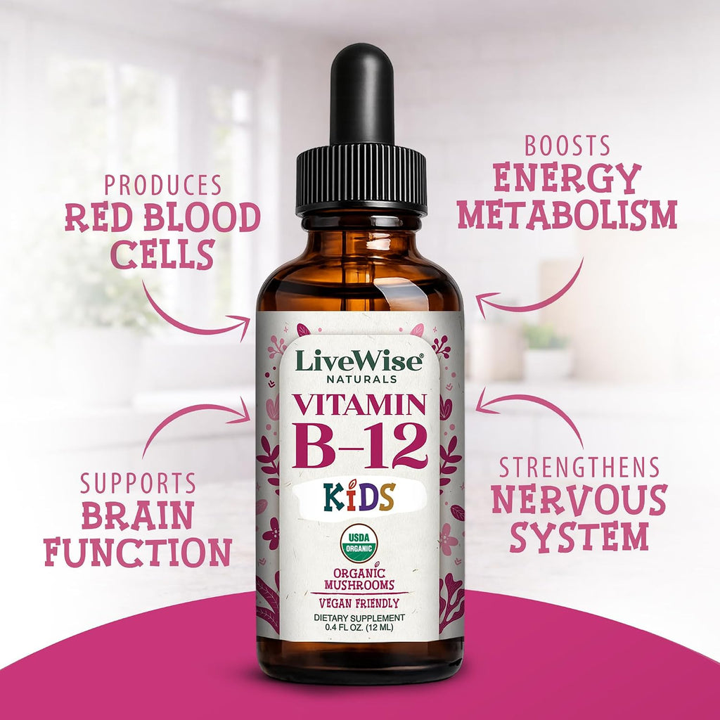 Live Wise Naturals Gotas de Vitamina B12 para Niños - 5mcg por 2 gotas - Vegano, Sin Gluten, No GMO