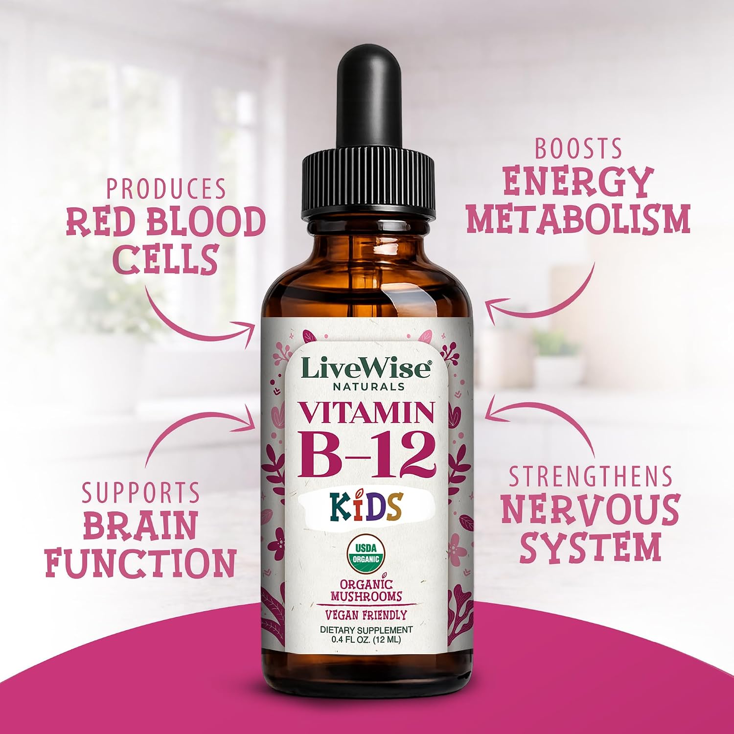 Live Wise Naturals Gotas de Vitamina B12 para Niños - 5mcg por 2 gotas - Vegano, Sin Gluten, No GMO