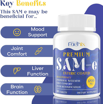 Enerlix SAM-e 1200 mg con CoQ10 y 5-HTP - 60 Comprimidos Recubiertos Entéricos Veganos – Image 5