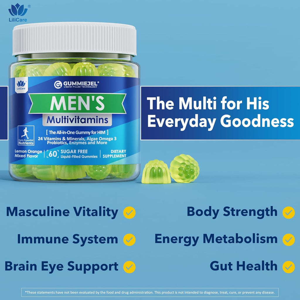 LILICARE Multivitamínico para Hombres en Gominolas | Complejo B, Omega 3 Vegano, Probióticos, Sin Azúcar (60 Gominolas)