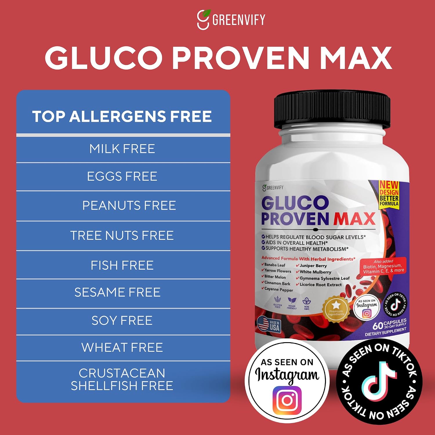Gluco Proven Max – Suplemento diario con vitaminas, minerales y hierbas – Cromo, Magnesio, Banaba, Melón amargo y Zinc – No GMO, sin gluten – 180 cápsulas