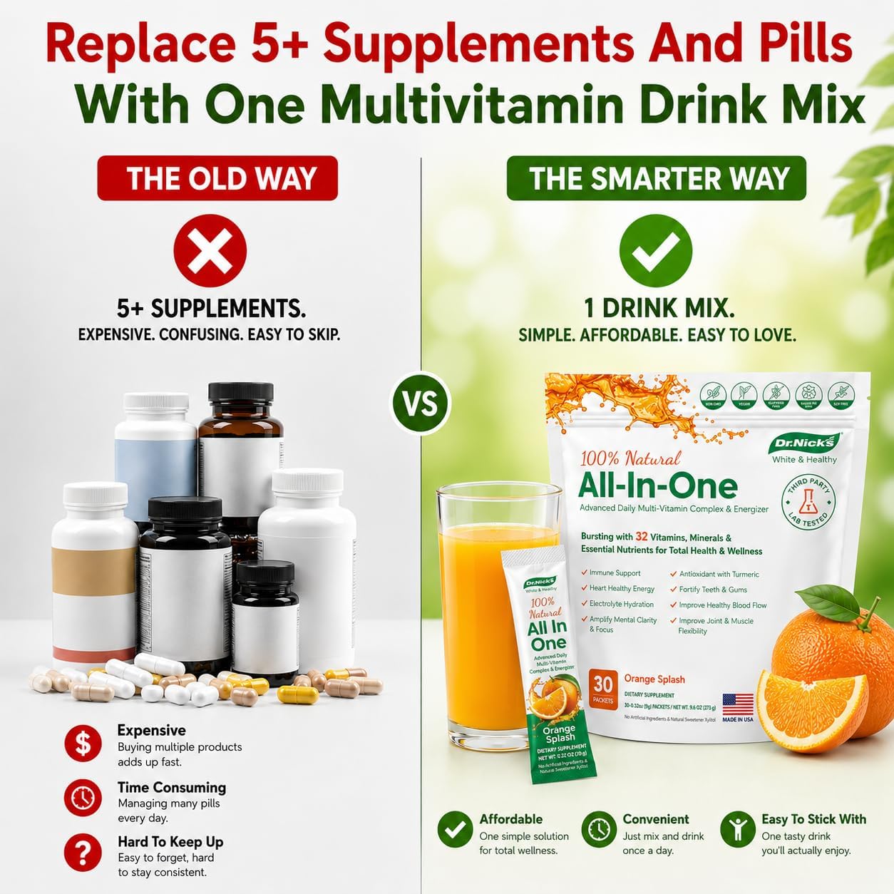 Dr. Nick's Multivitamin Powder for Women and Men, 30 Pack, Orange Splash