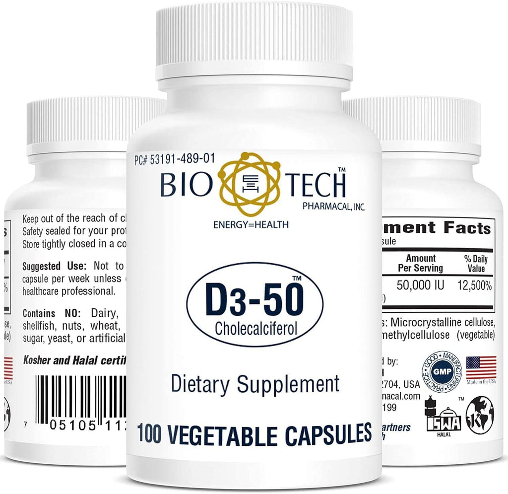 Bio-Tech Pharmacal D3-50 50,000 IU - 100 Cápsulas Vegetales - Suplemento de Vitamina D3