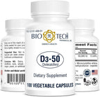 Bio-Tech Pharmacal D3-50 50,000 IU - 100 Cápsulas Vegetales - Suplemento de Vitamina D3