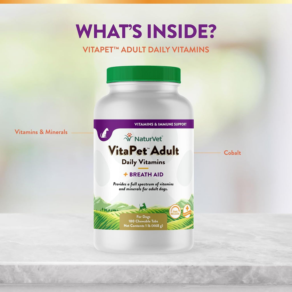 NaturVet VitaPet Vitaminas Diarias para Perros Adultos con Aliento Fresco - 180 Comprimidos