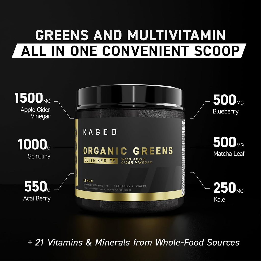 Kaged Organic Greens Elite, Superfood and Greens Powder with Apple Cider Vinegar, Adaptogen, Prebiotics, Vitamins & Minerals, Berry, 30 Servings