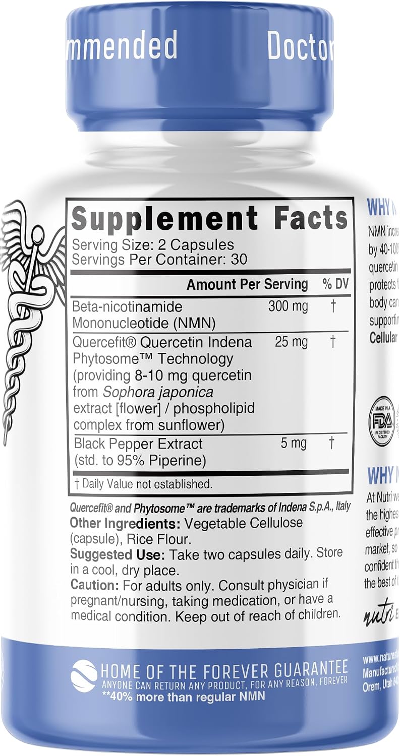 Nutri NMN Suplemento 300mg con Quercetina Phytosome y Pimienta Negra - 120 Cápsulas (2 Paquetes)