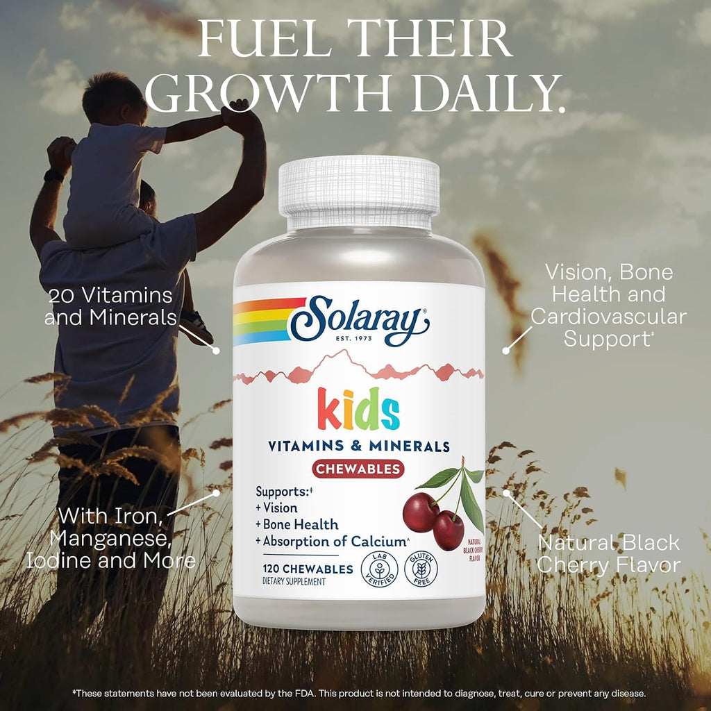SOLARAY Vitaminas y Minerales para Niños – Multivitamínico Infantil con 20 Nutrientes, Sabor a Cereza Negra, 120 Comprimidos Masticables