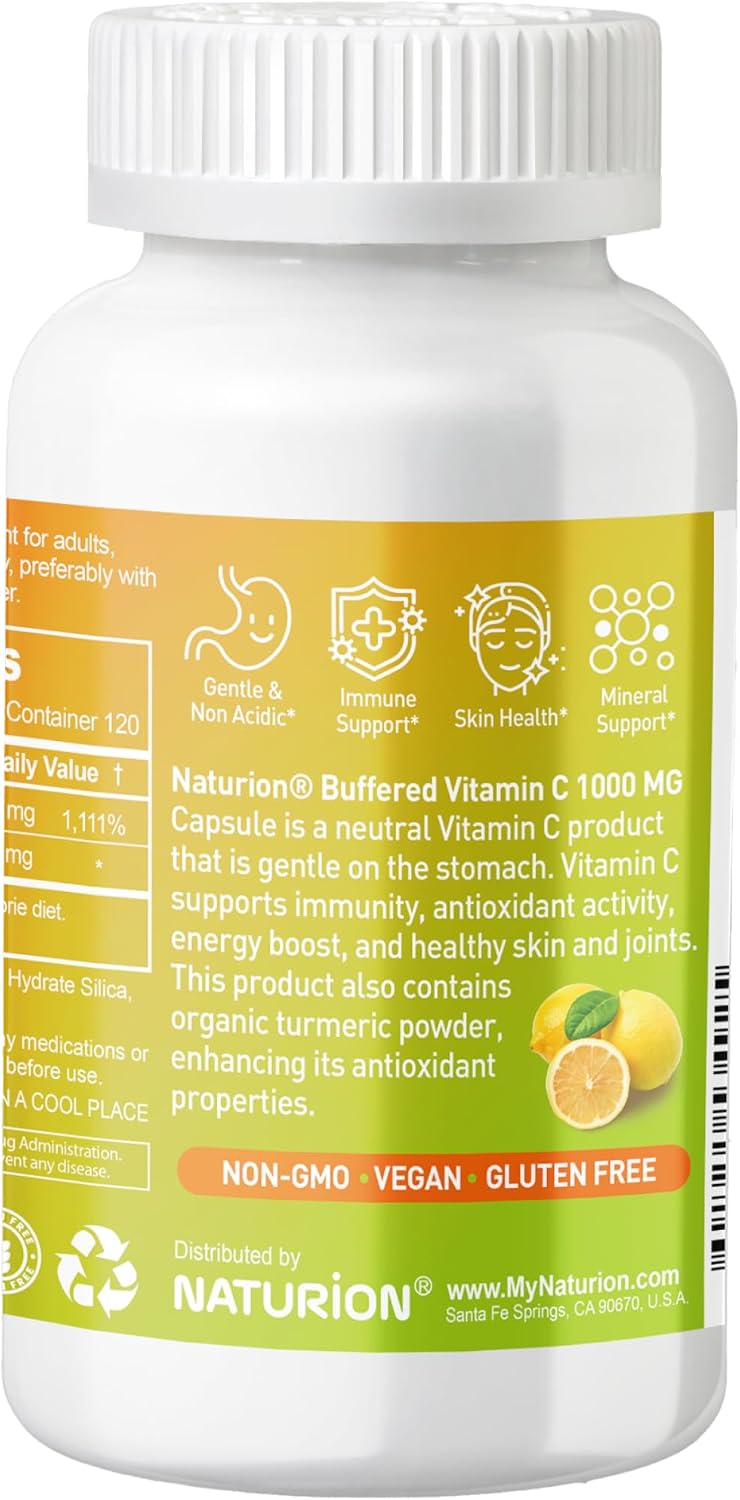 NATURION Vitamina C Tamponada 1000 mg con Cúrcuma Orgánica - 120 Cápsulas Veganas (120 Días de Suministro)