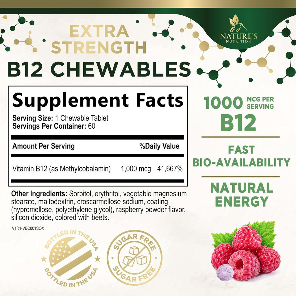 Vitamina B12 1000 mcg Metilcobalamina Comprimidos Masticables - Nature's Nutrition