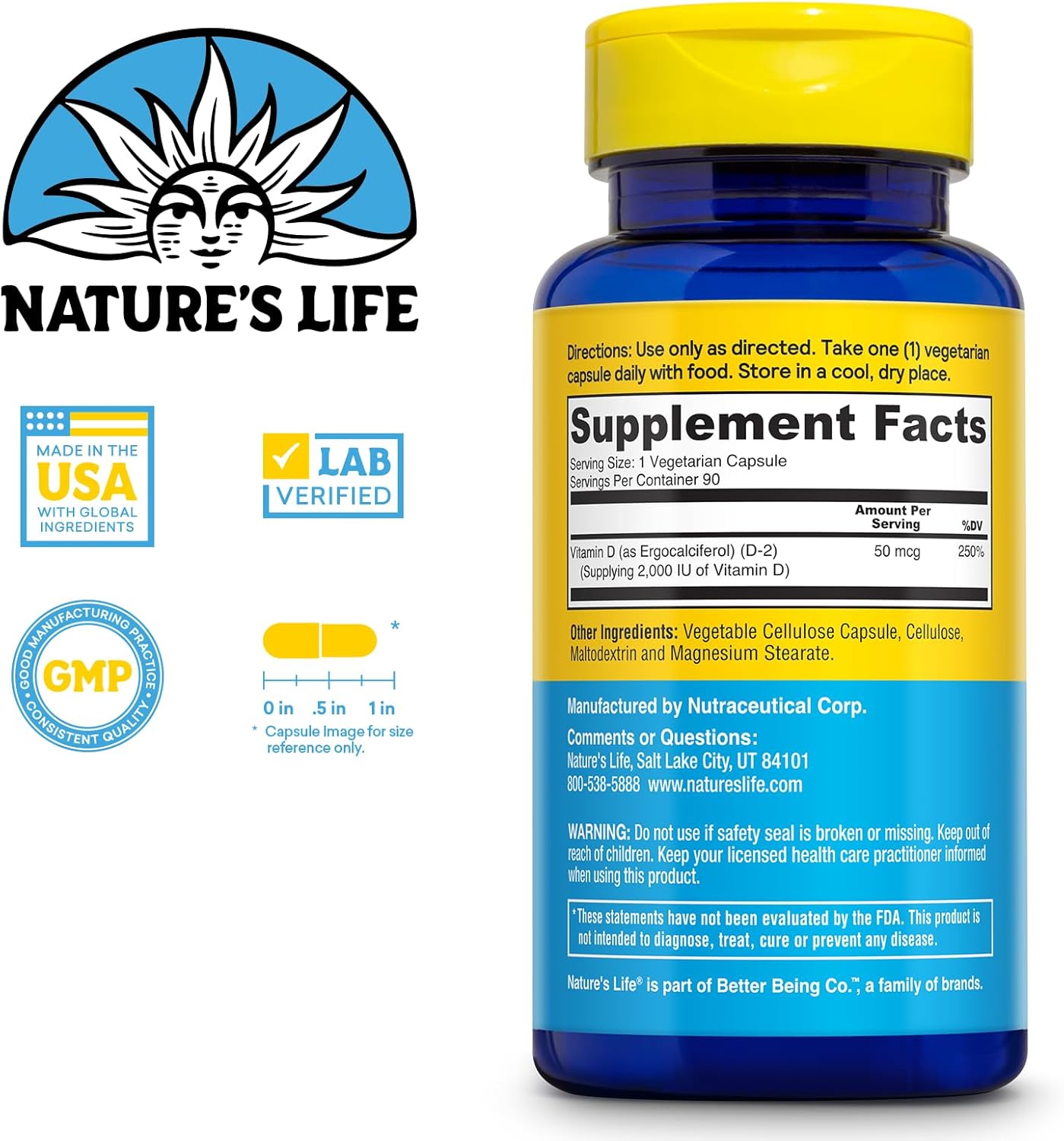 Nature's Life Vitamina D2 2000 UI - 90 Cápsulas Vegetarianas