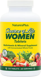 NaturesPlus Source of Life Women, 120 comprimidos - Multivitamínico y Mineral para Mujeres con Hierro, Calcio, Folato y Luteína