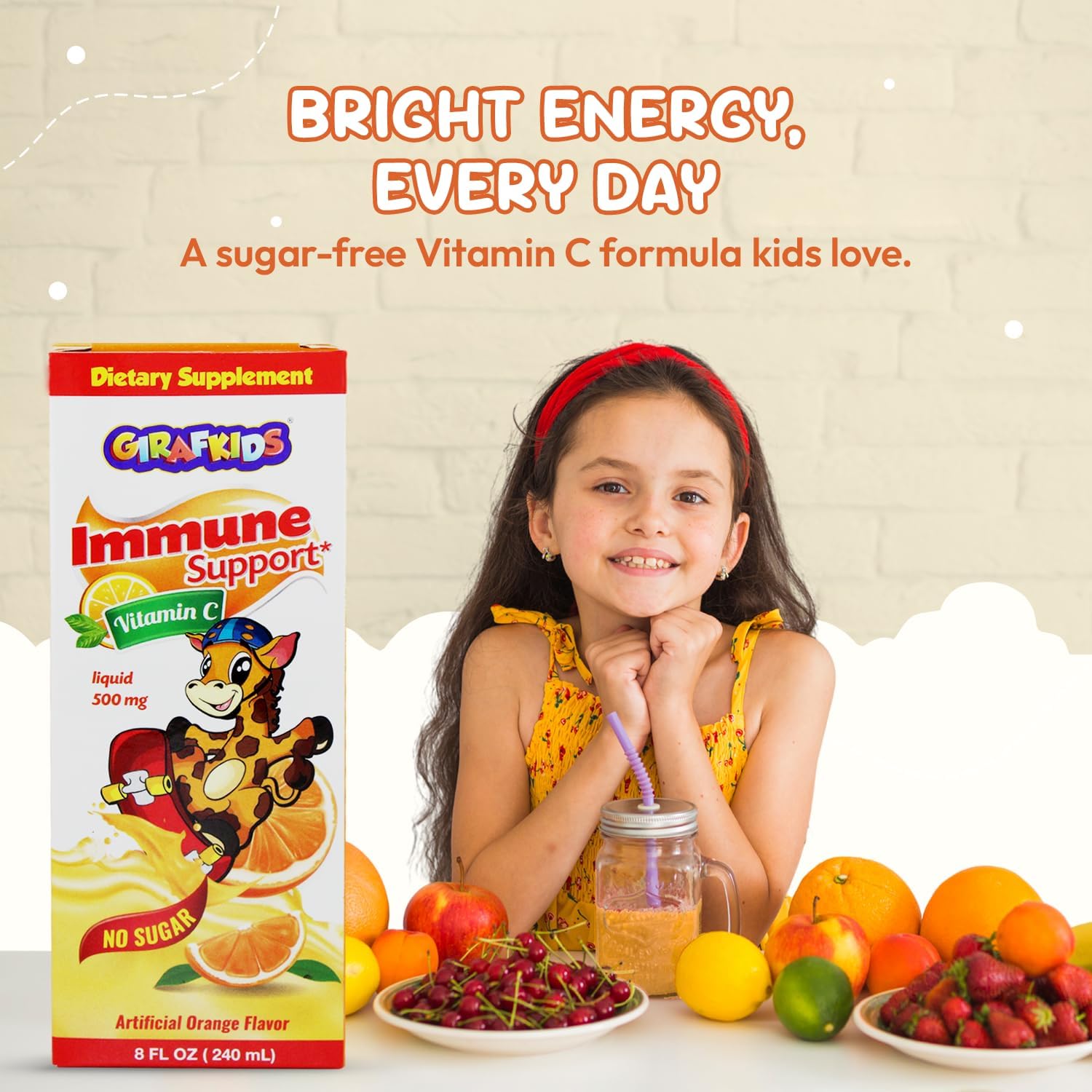 GirafKids Liquid Vitamin C for Kids Ages 4+ | 8 Fl Oz, 500mg | No-Sugar Formula with Safe, Premium Ingredients | Delicious Orange Flavor | Immune Support & Energy Boost