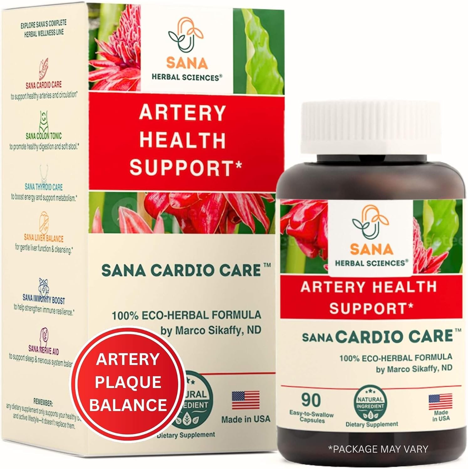 Fórmula para Eliminación de Placa Arterial | Suplemento Natural de 4 Elementos para Apoyar la Presión Arterial, el Colesterol Saludable y el Ritmo Cardíaco | 90 Cápsulas Fáciles de Tragar | de Sana Herbal