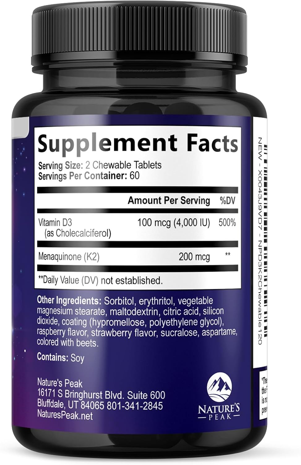 Vitamina D3 K2 5000 UI + 100 mcg MK-7 - 120 Comprimidos Masticables Sabor a Baya