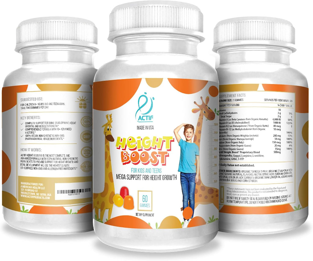 Actif Height Boost - 60 Gummies de Fresa - Suplemento de Crecimiento para Niños y Adolescentes con Vitaminas D3, K2, Zinc y Magnesio