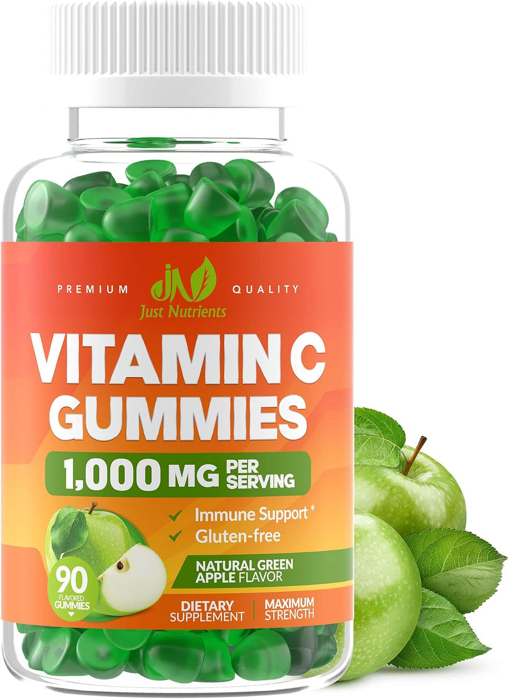Vitamin C 1000mg Gummies (90 Count) - Maximum Strength Chewable Immune Support & Collagen Support for Adults & Kids - Natural Green Apple Flavor - Gluten Free, Non-GMO, Vegetarian - 90 Gummies