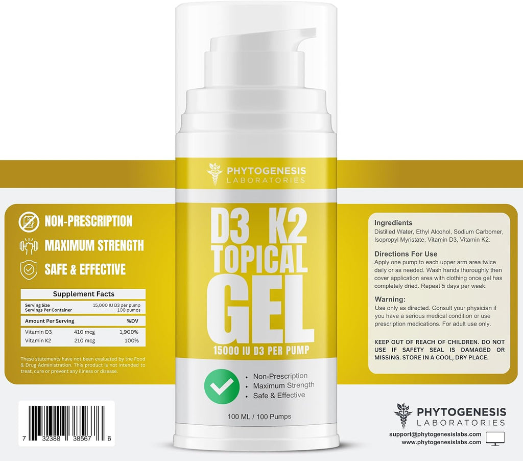 Phytogenesis Vitamina D3 K2 Gel Tópico de Máxima Potencia — 15000+ UI por Bombeo