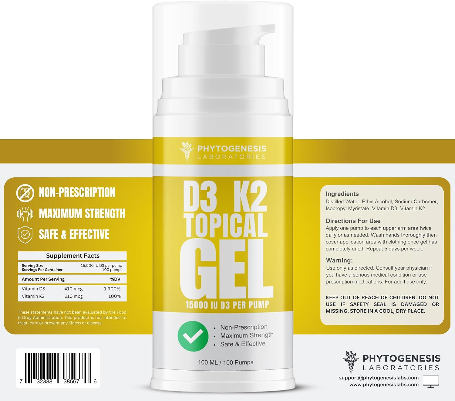 Phytogenesis Vitamina D3 K2 Gel Tópico de Máxima Potencia — 15000+ UI por Bombeo