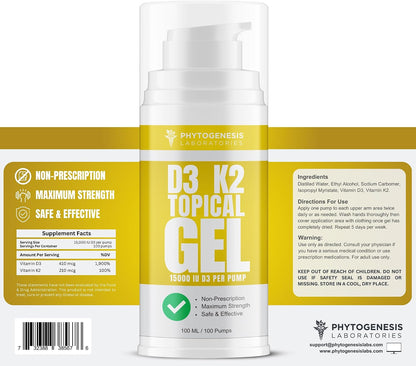 Phytogenesis Vitamina D3 K2 Gel Tópico de Máxima Potencia — 15000+ UI por Bombeo – Image 3