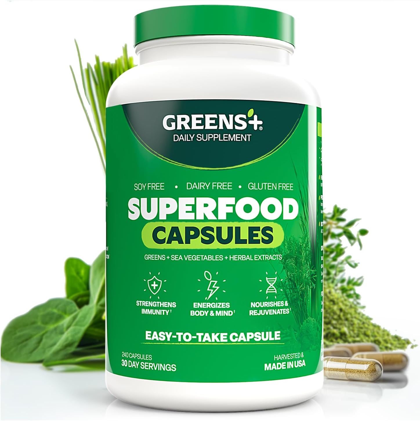 Greens+ Cápsulas de Superalimentos Orgánicos - Espirulina y Clorela Orgánicas con Alfalfa y Pasto de Trigo - 240 Cápsulas
