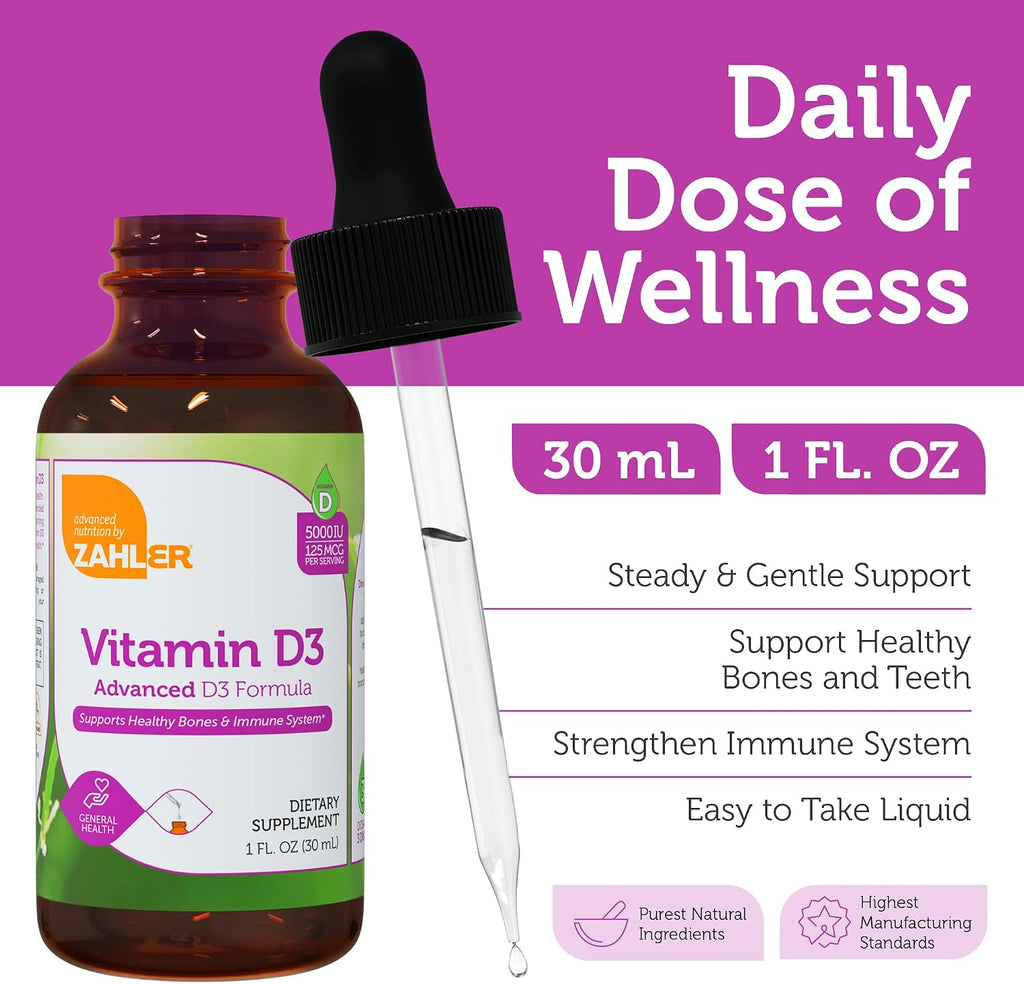 Zahler Vitamina D3 Líquida 5000 UI - Suplemento de Vitamina D3 para Huesos y Sistema Inmunológico - 30 ml