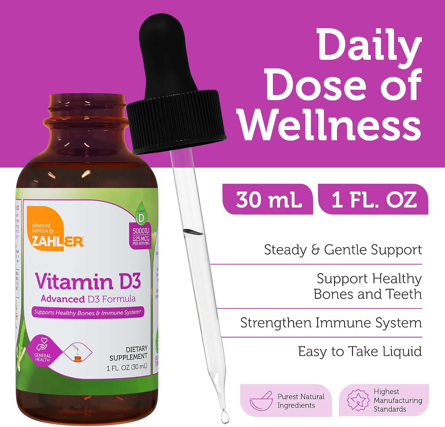 Zahler Vitamina D3 Líquida 5000 UI - Suplemento de Vitamina D3 para Huesos y Sistema Inmunológico - 30 ml