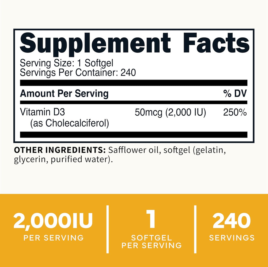 Type Zero Vitamina D3 2000 UI, 240 Cápsulas Blandas - No Transgénico y Sin Gluten