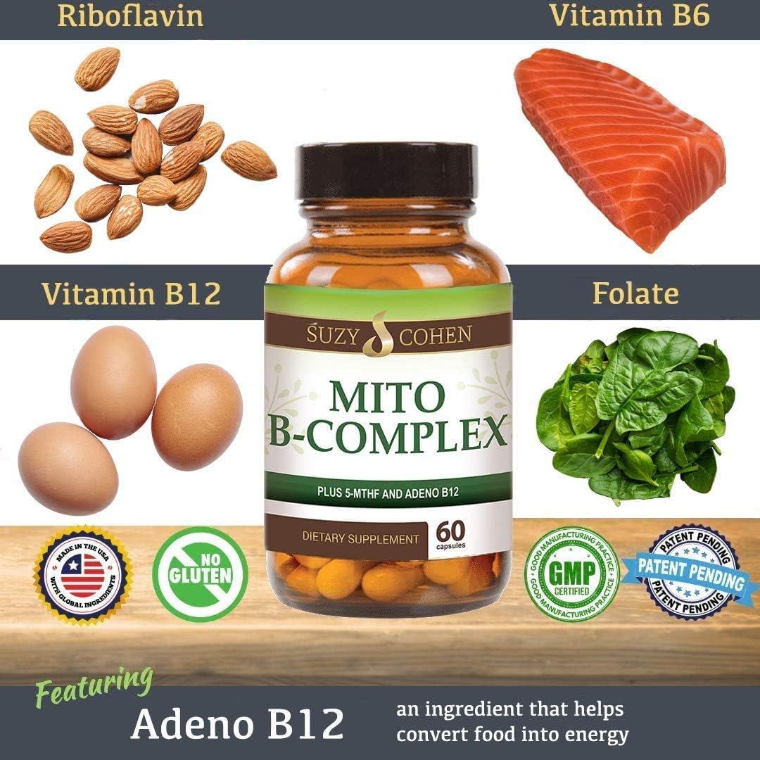 Script Essentials Suzy Cohen, Mito B Complex - Suplemento de Complejo B con 5-MTHF y Adeno B12, 60 Cápsulas