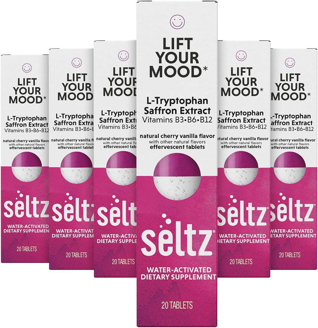 Seltz Mood Support Drink Tablets, Effervescent Tablets to Lift Your Mood, Saffron Supplement, with L-Tryptophan B3, B6, B12, Mood and Energy Support, Cherry Vanilla Flavor, 120 Tabs 6 Pack