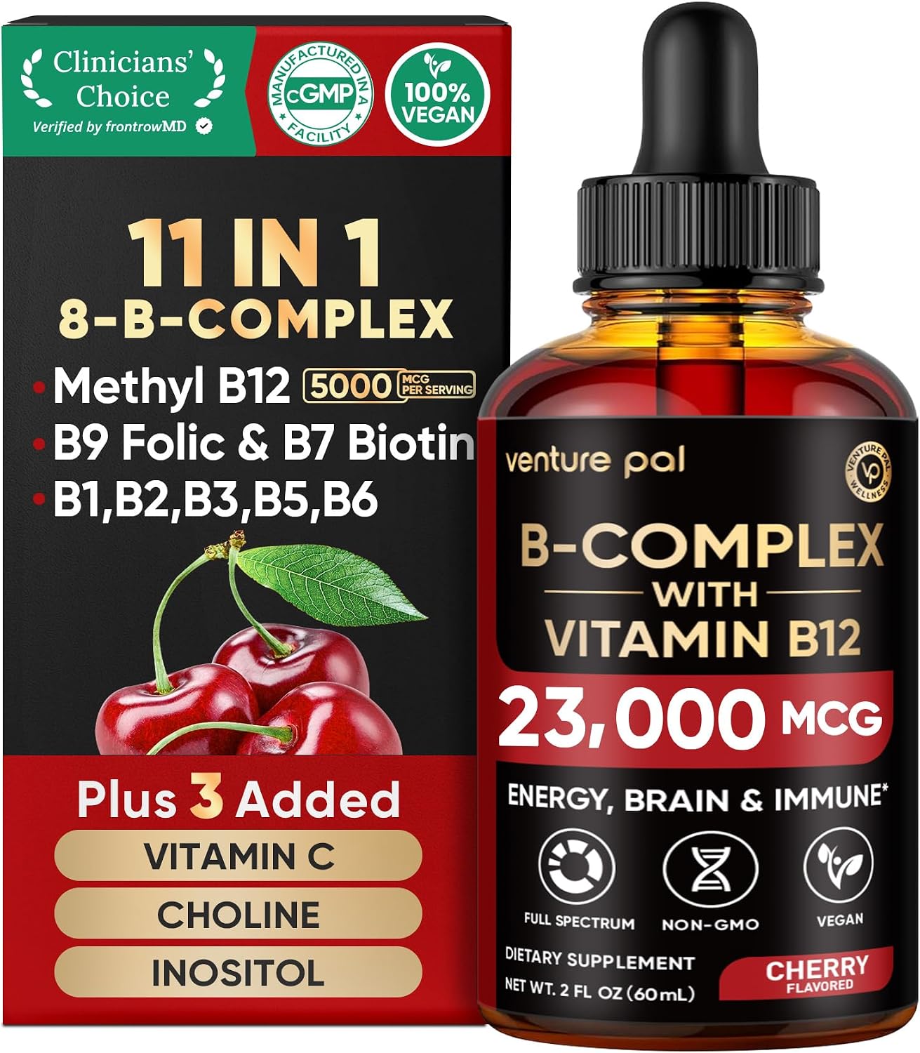 Venture Pal Complejo B en Gotas Líquidas con Metilcobalamina, Folato, Vitaminas B1-B7, Vitamina C, Colina e Inositol