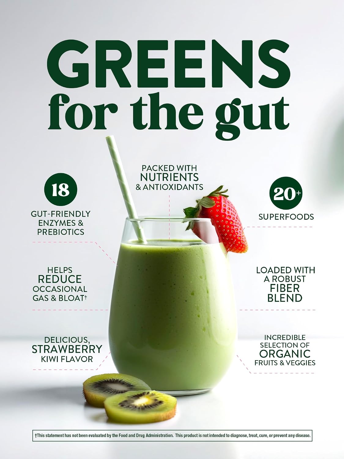 Nature's Truth Organic Greens Powder - Polvo de Superalimentos Orgánicos con Enzimas Digestivas y Prebióticos, Sabor Fresa Kiwi, 146 g