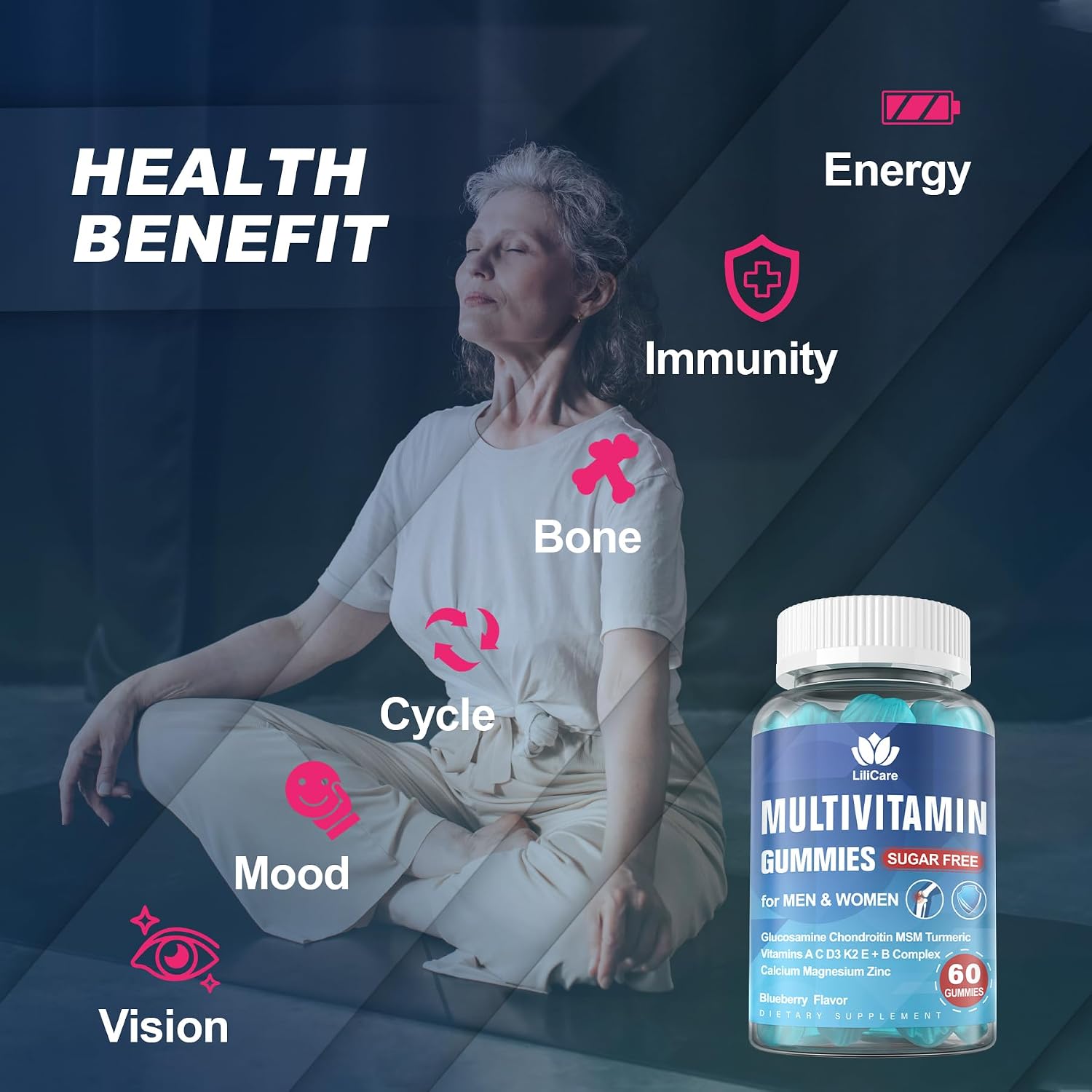 LILICARE Multivitamínico sin azúcar para mayores de 50 años con glucosamina, condroitina y MSM - 60 gominolas