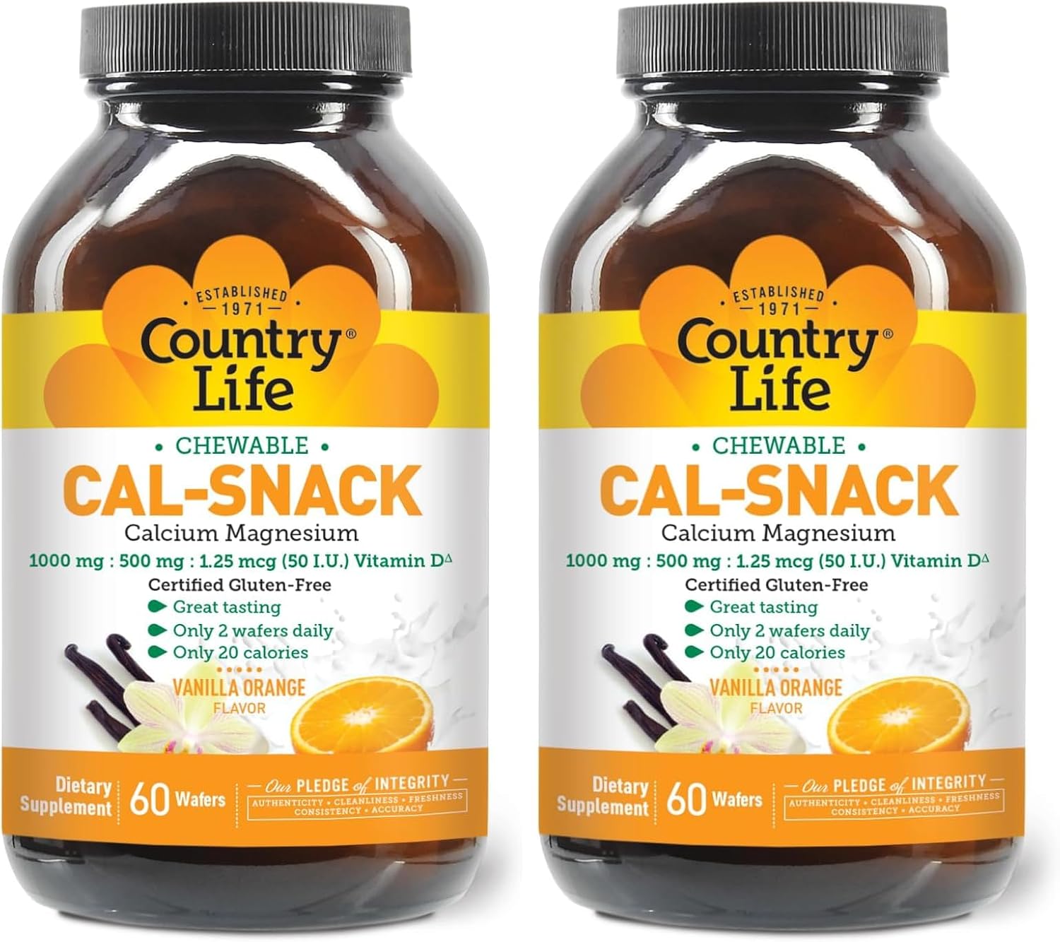 Country Life Cal-Snack - Calcio, Magnesio y Vitamina D Masticable - 1000 mg / 500 mg / 50 UI - 60 obleas